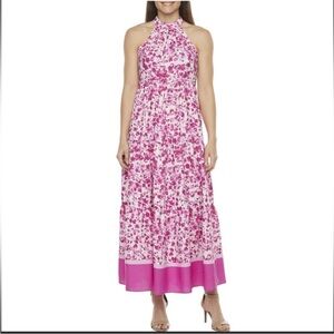 Melonie T Fuchsia Magenta Ivory Floral Maxi Halter Dress A-line Size 10